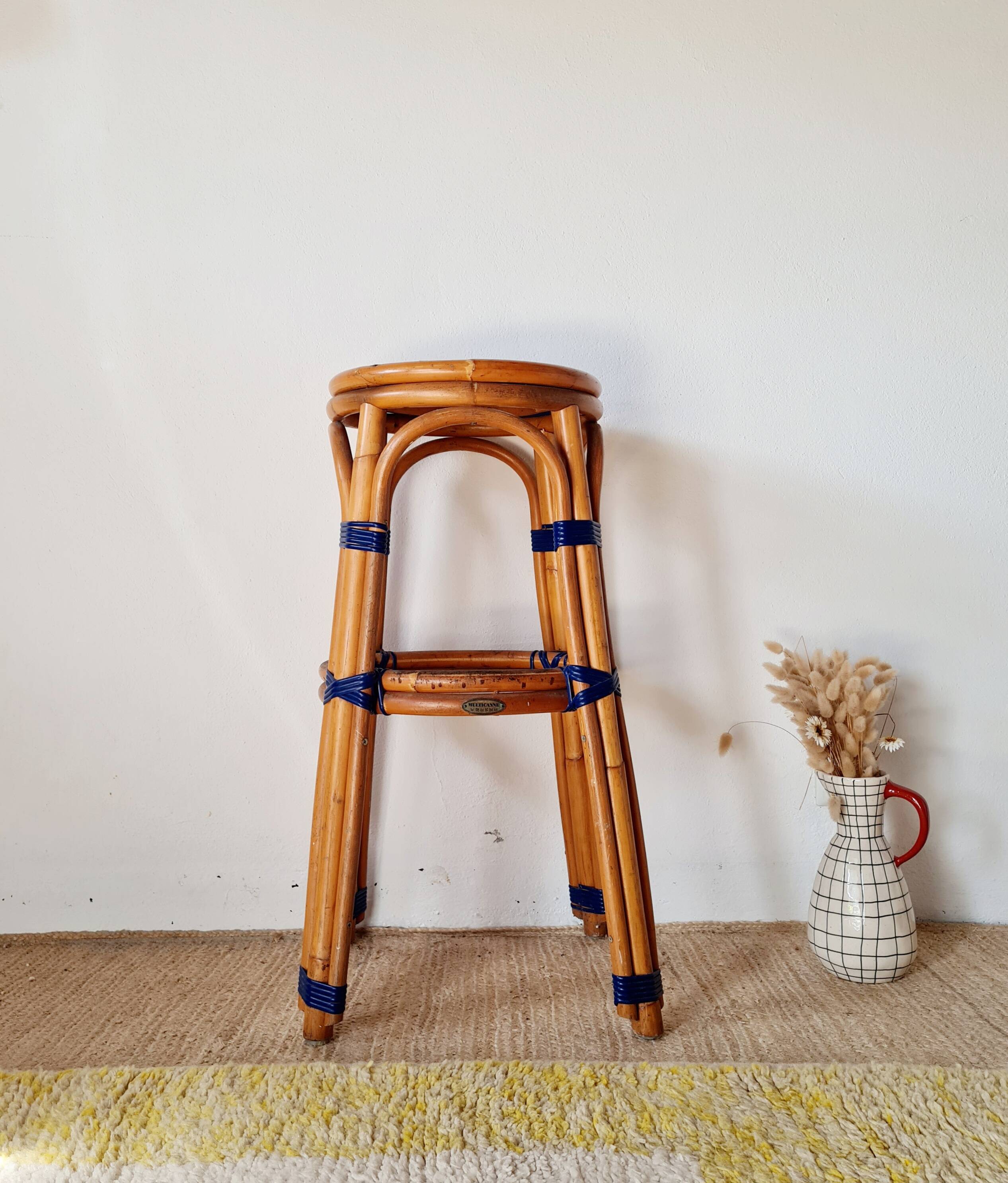 Vintage high stool Multicanne - Rattan & blue Rilsan - French