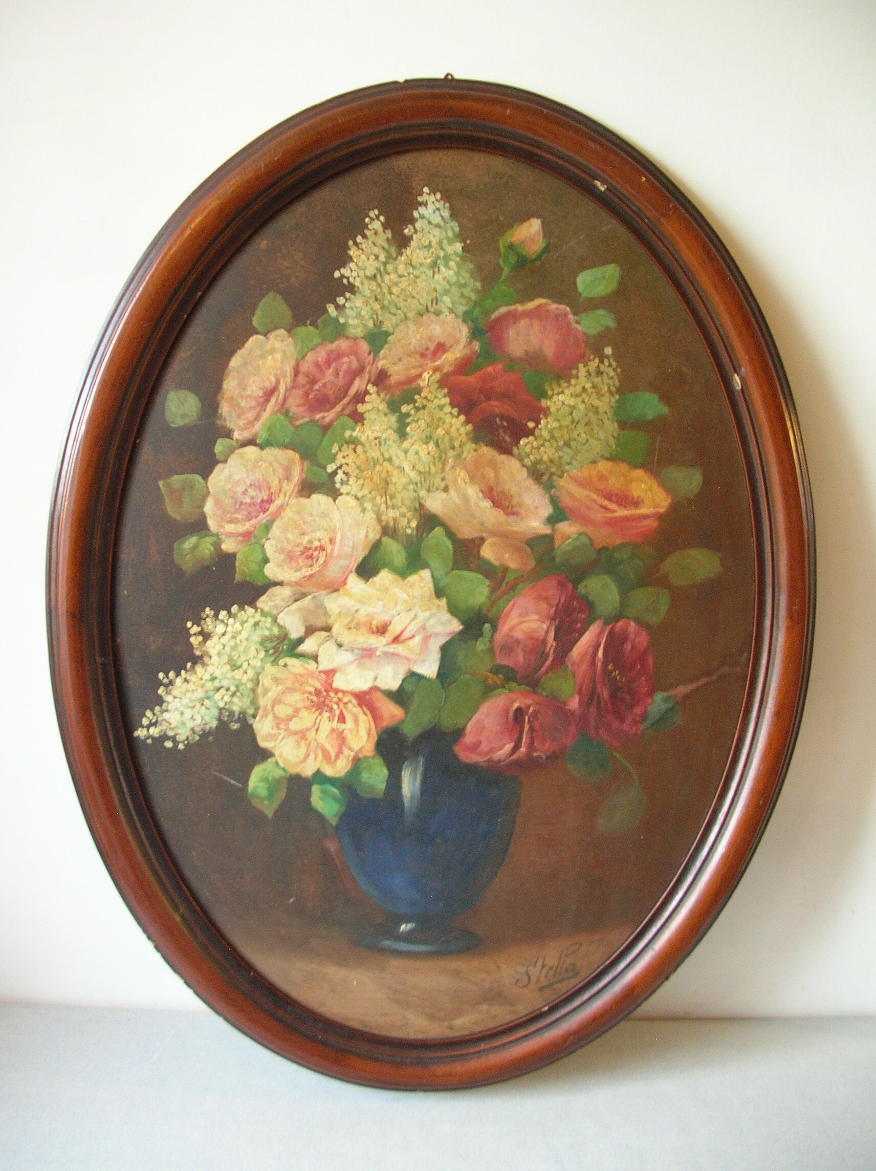 Painting on wood large bouquet of flowers signed stella 78 cm