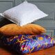 Set of 3 vintage cushions. 2 in velvet & 1 crocheted.