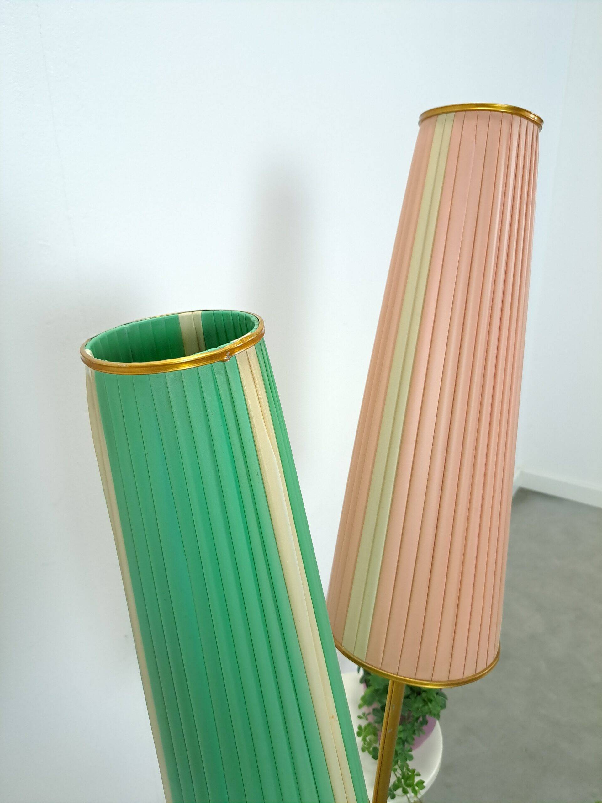 1950s floor lamp with pink and green shade and gold-coloured legs
