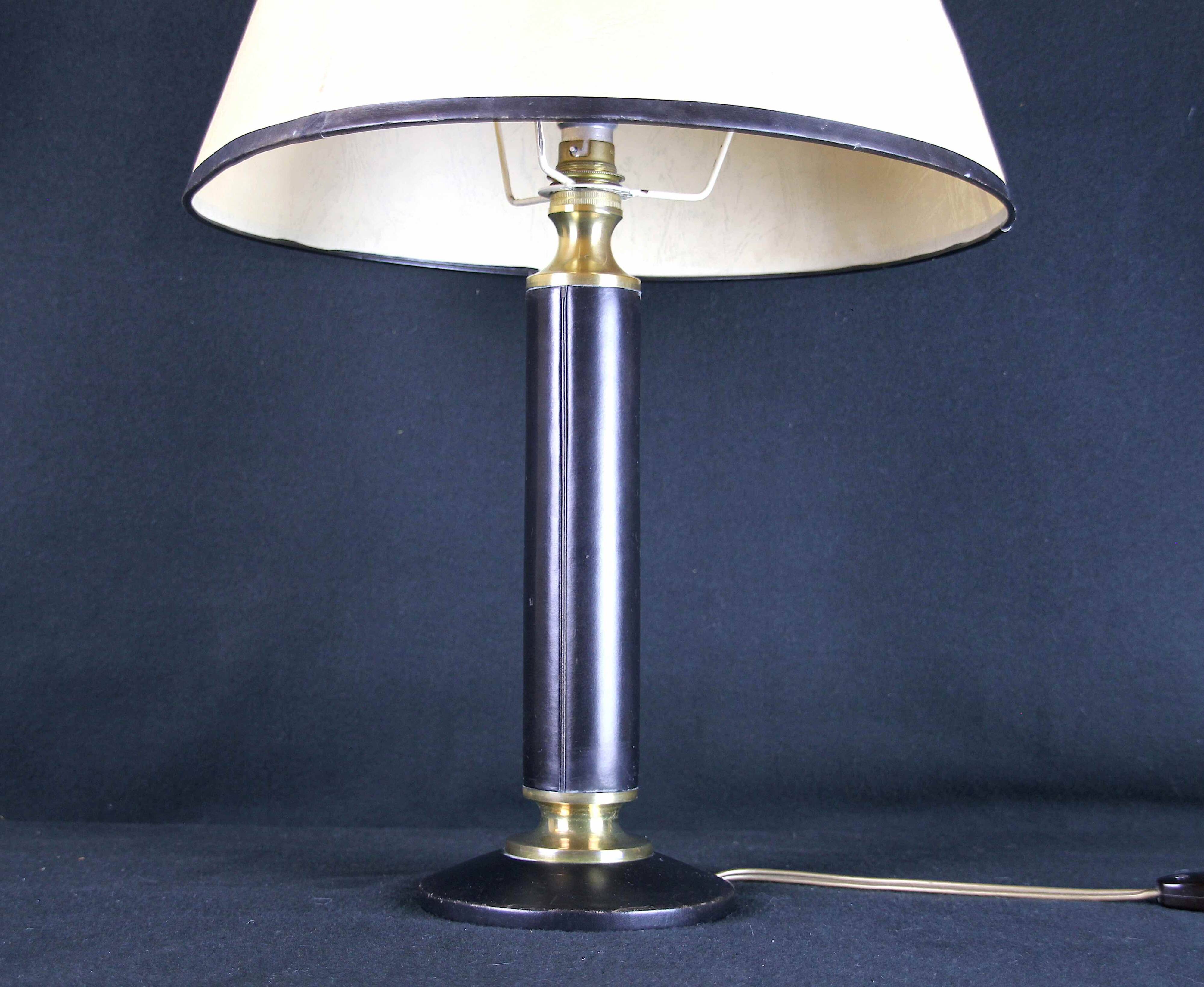 Mid-Century France Leather and Brass Table Lamp