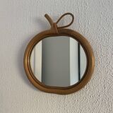 Miroir vintage 1960 pomme rotin osier bambou - 32 x 35 cm