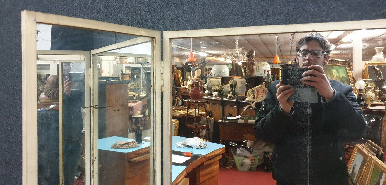 Rare store furniture triptych mirror of the 40s iron 140x160cm