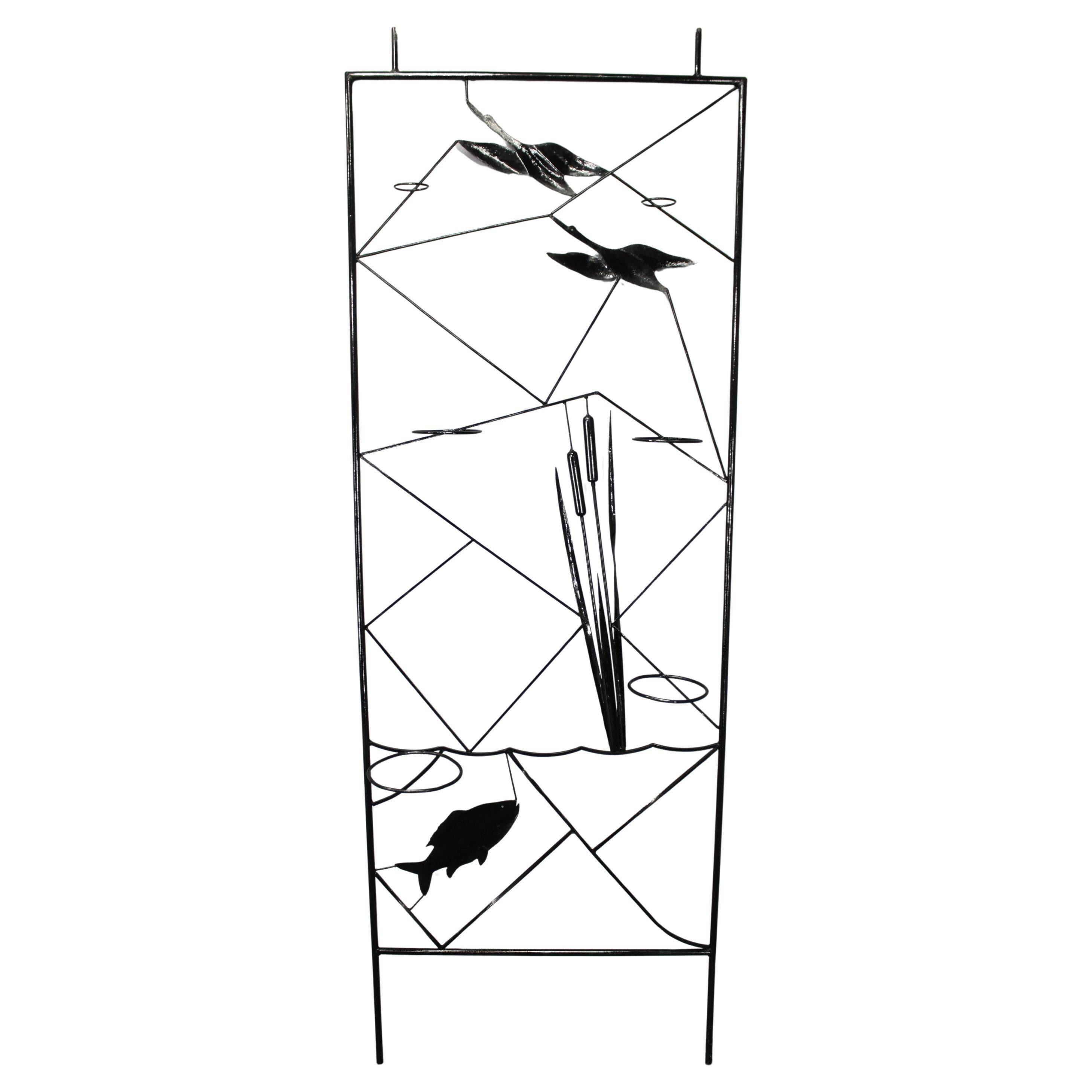 Paravent en métal noir de style mi-siècle avec jardinière, années 1970