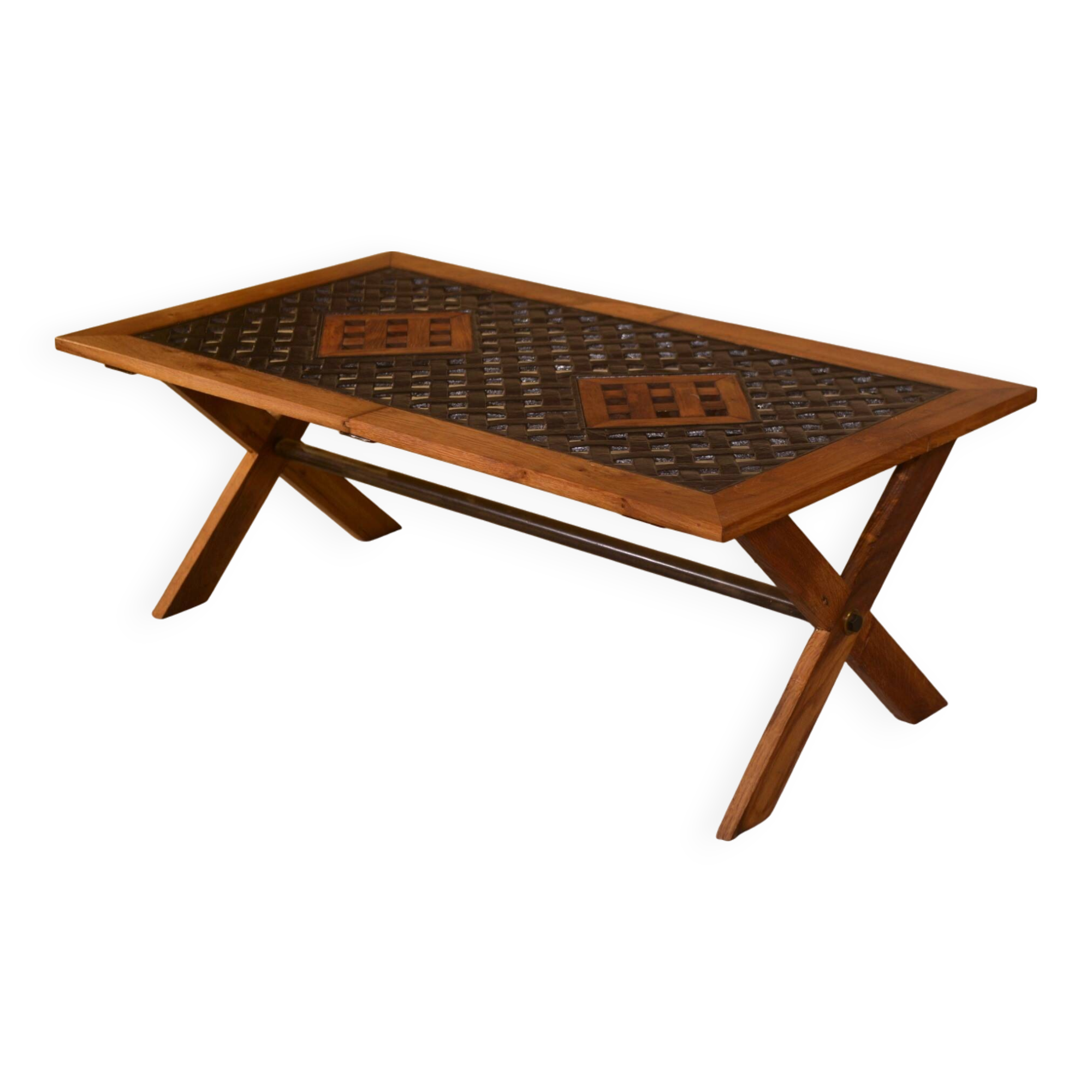 Antique oak and cast iron street furniture coffee table from the 1950s