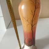 VASE signé LEGRAS EN VERRE ÉMAILLÉ DÉCOR NEIGE EN RELIEF TON ORANGE