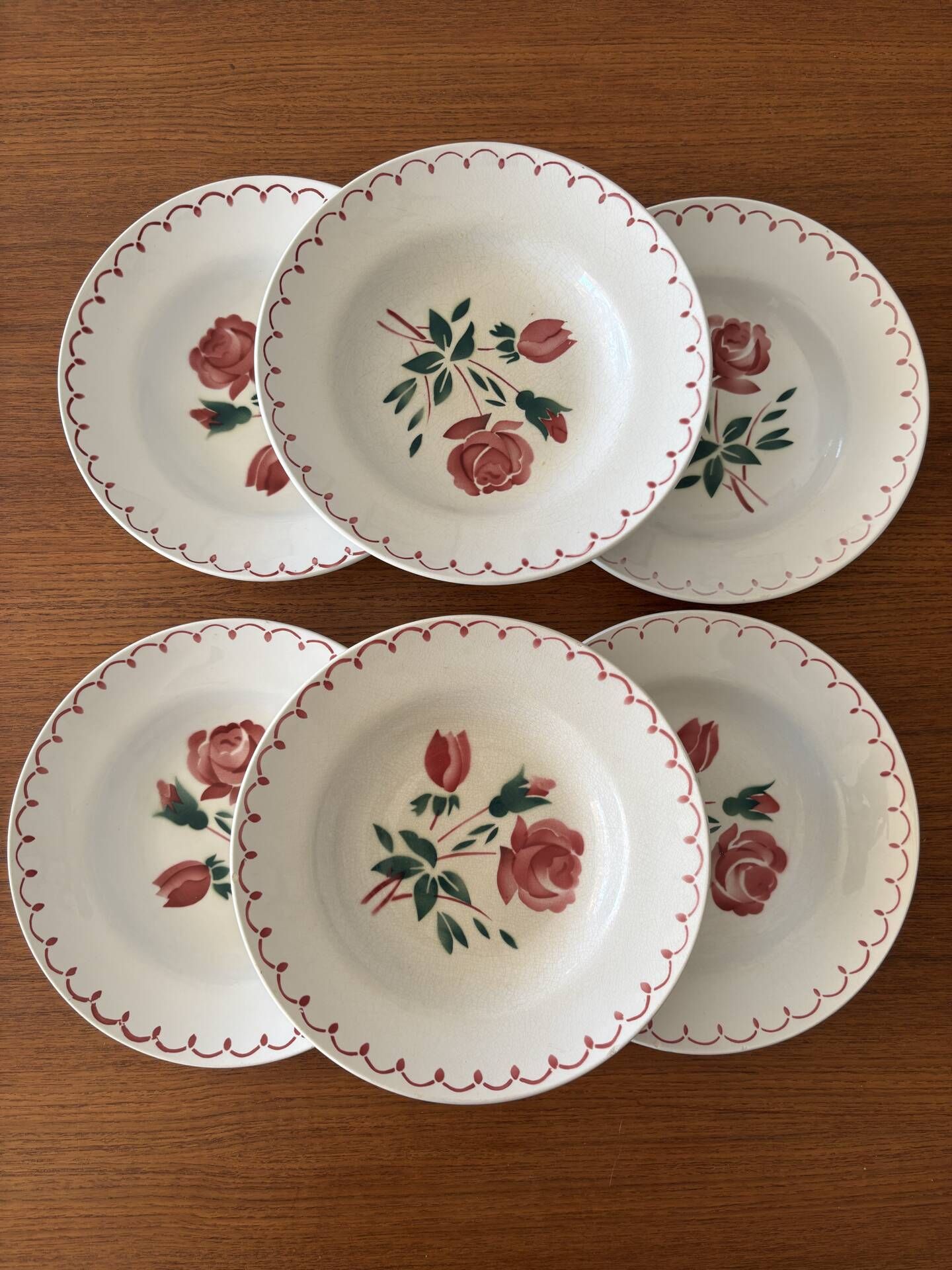 Set of 6 antique deep plates in earthenware • Red rose decoration