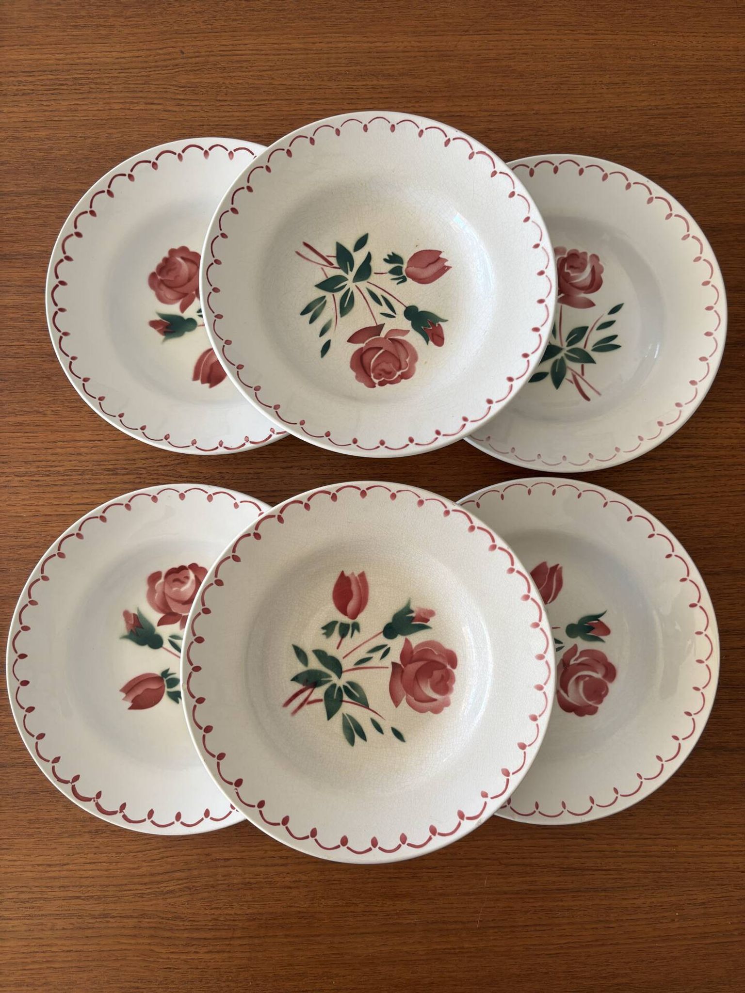Set of 6 antique deep plates in earthenware • Red rose decoration