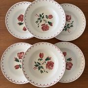 Set of 6 antique deep plates in earthenware • Red rose decoration