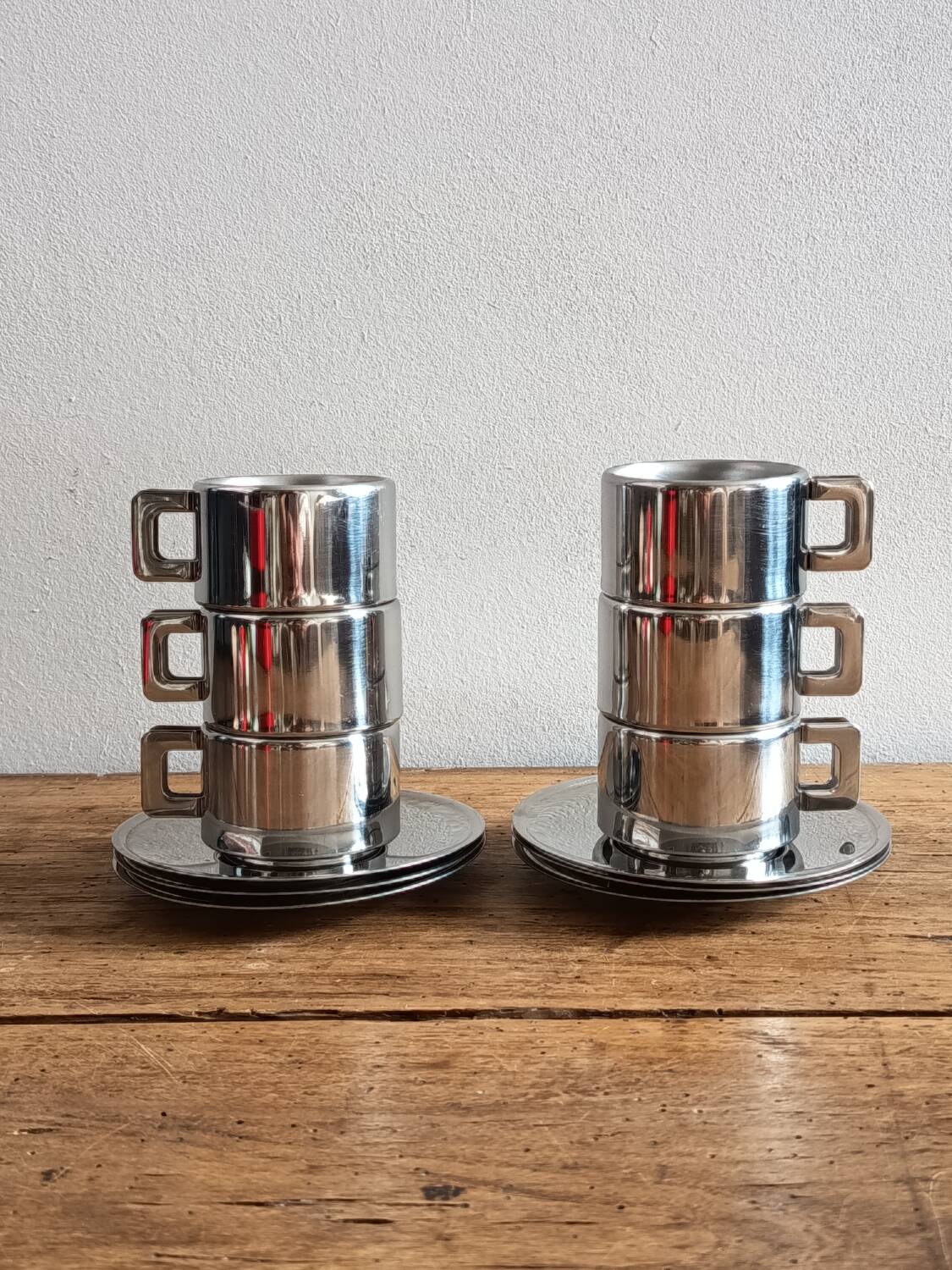 Set of 6 Casalinghi stainless steel cups and saucers, vintage Italian design