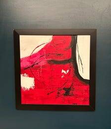Large Original Swedish Oil on Canvas – “Red Composition” by AMH – Signed – Vintage & Framed