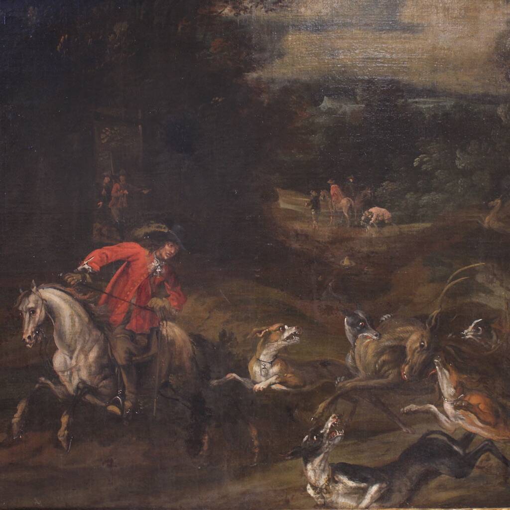 Peinture italienne antique d'une scène de chasse au cerf du XVIIIe siècle