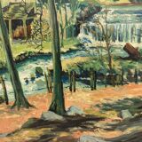 Oil on canvas waterfall in forest