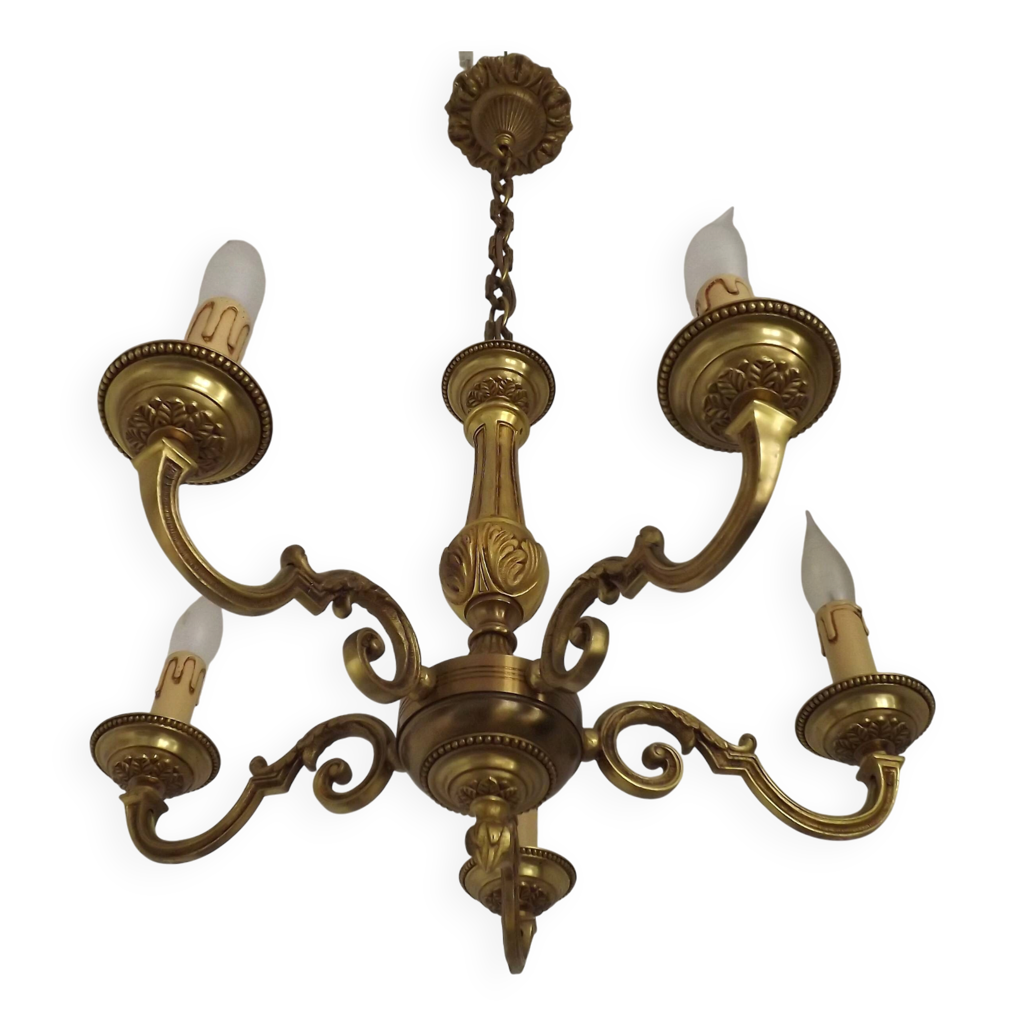 French Vintage Mid-Century Bronze 5-Light Traditional Style Chandelier