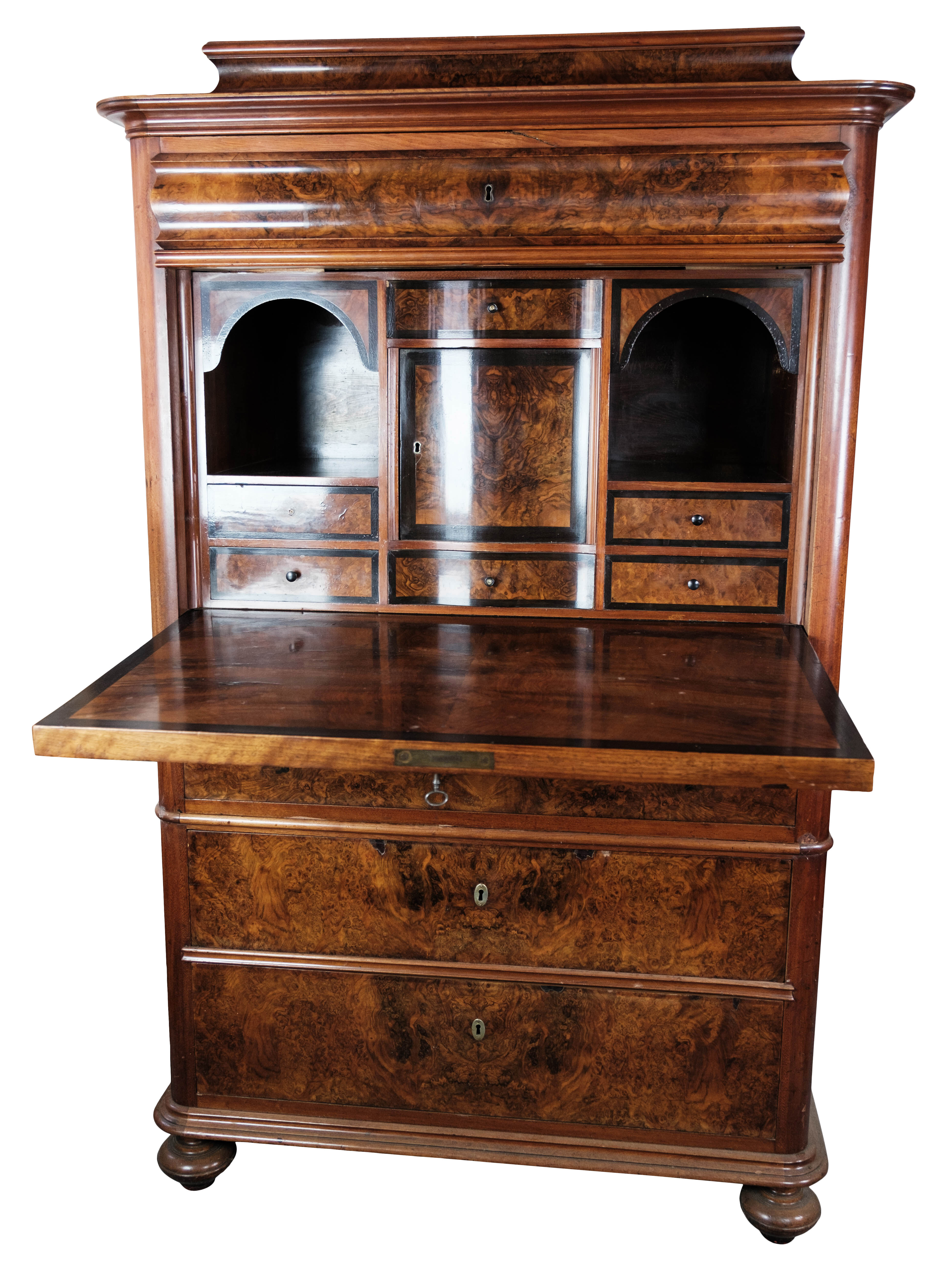 Bureau of polished walnut and mahogany, 1850s