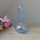 Ensemble Petits Huilier et Vinaigrier en Verre Bullé et Soufflé Bleu Signé Biot