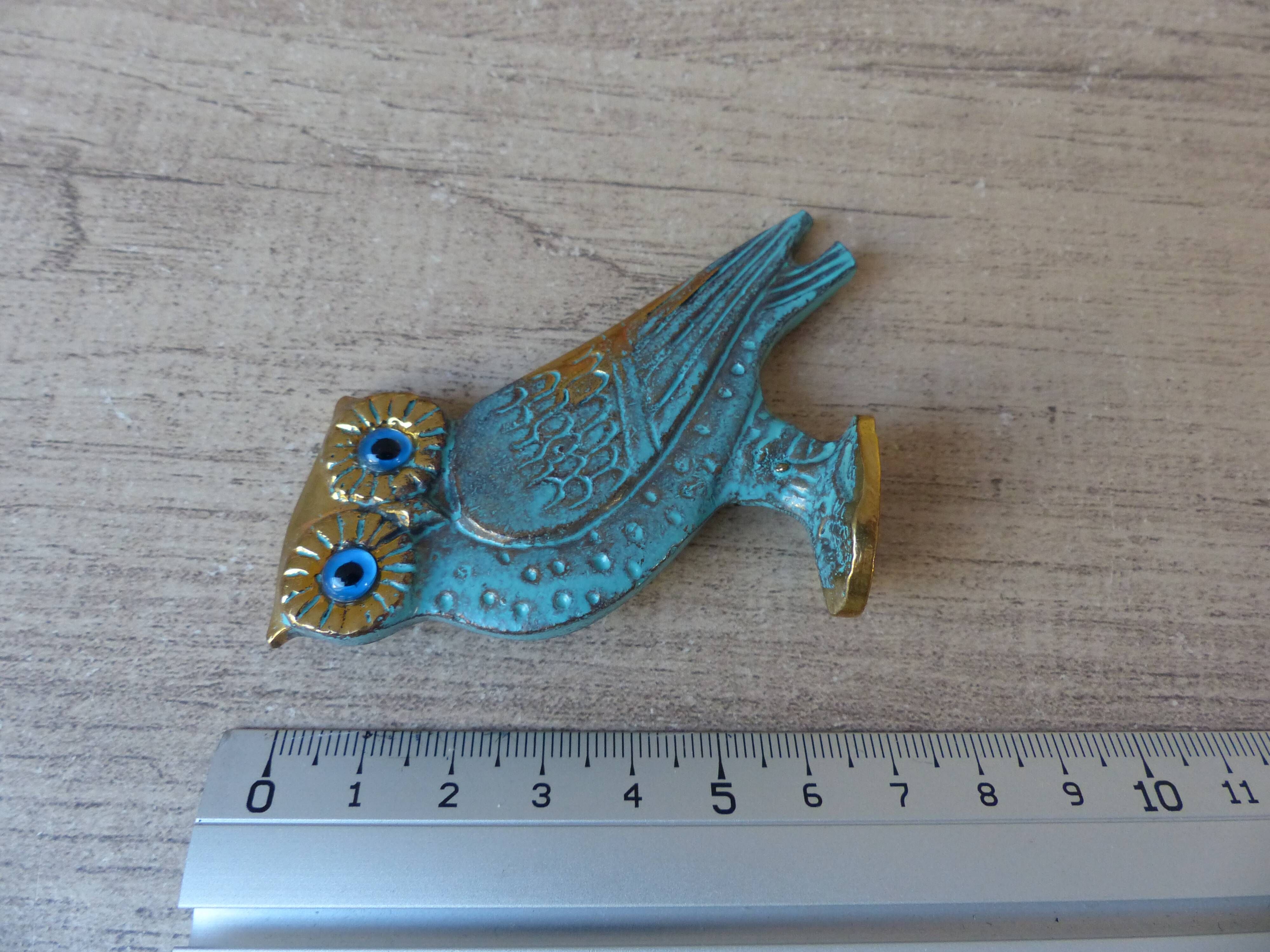 Miniature brass owl figurine with blue eyes, small owl vintage Greek art sculpture
