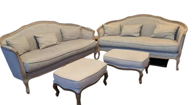 2 high-end Louis XV benches with poufs