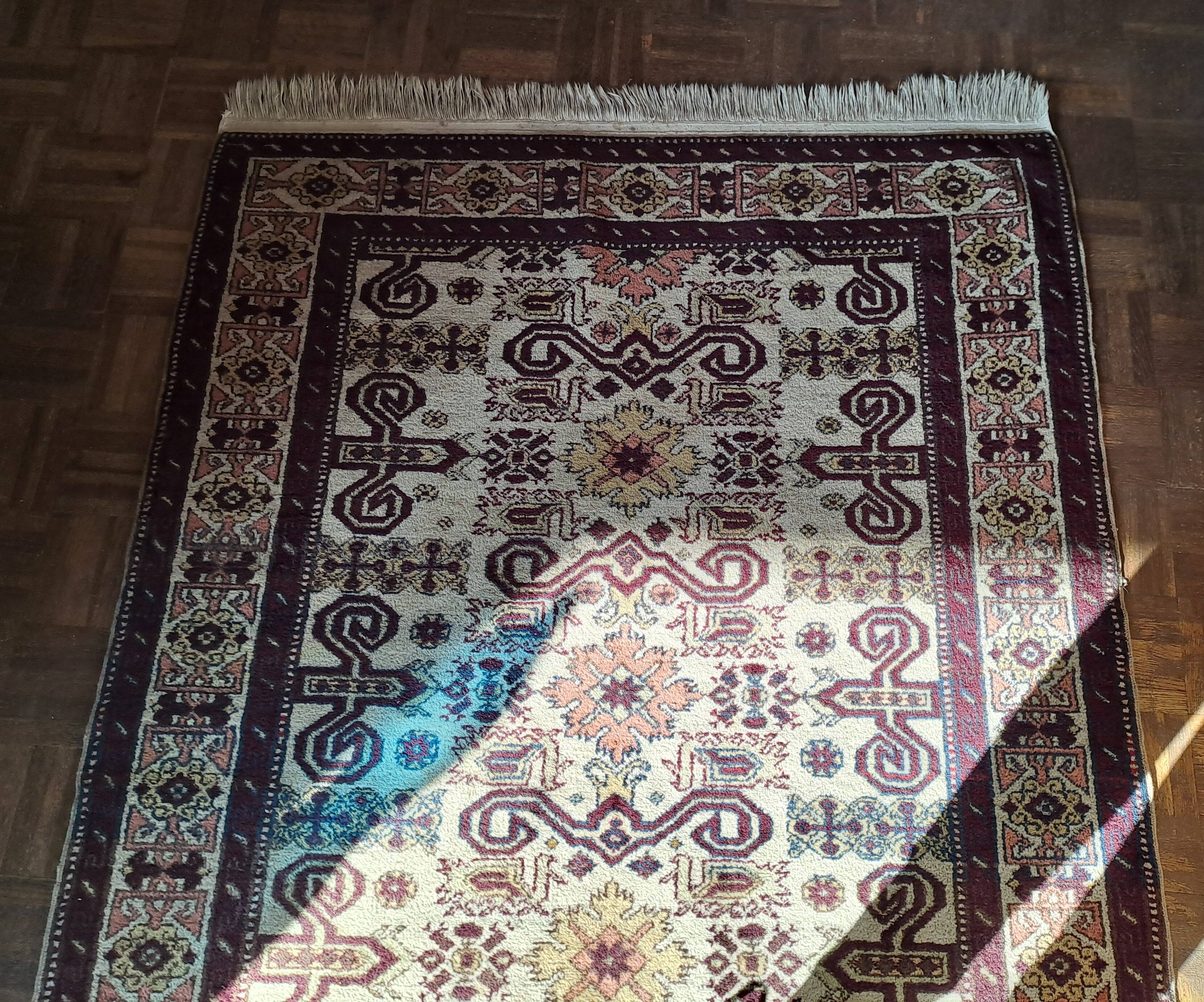 Shirvan urss oriental rug wool handmade rectangular 1940 burgundy and ecru with fringes 100% wool