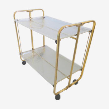Roche Bobois rolling, folding table in plexiglass and gold metal 1970
