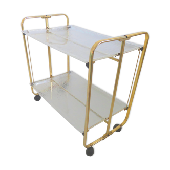 Roche Bobois rolling, folding table in plexiglass and gold metal 1970