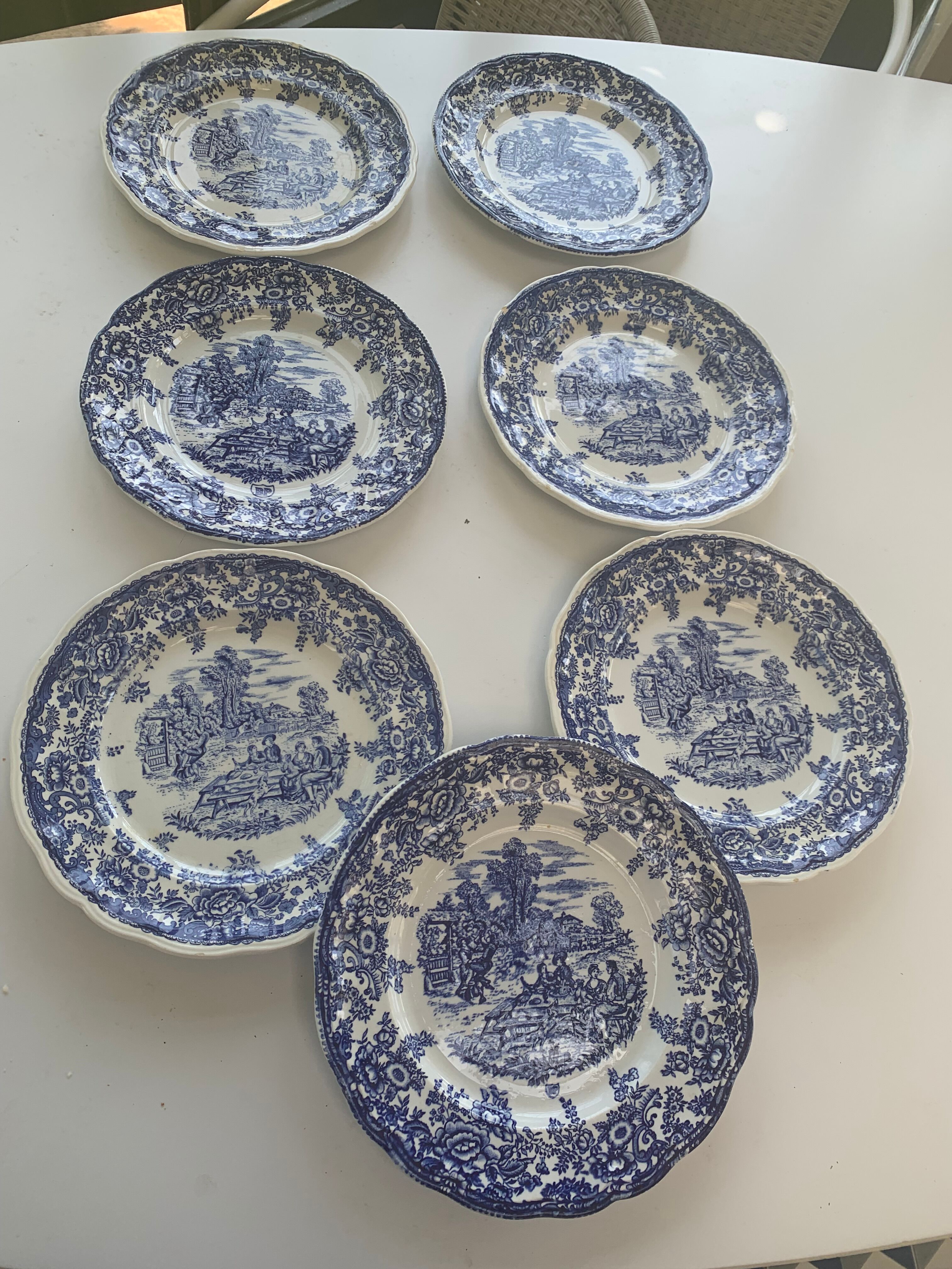 7 flat plates english pattern blue peasant scene vintage