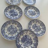 7 flat plates english pattern blue peasant scene vintage