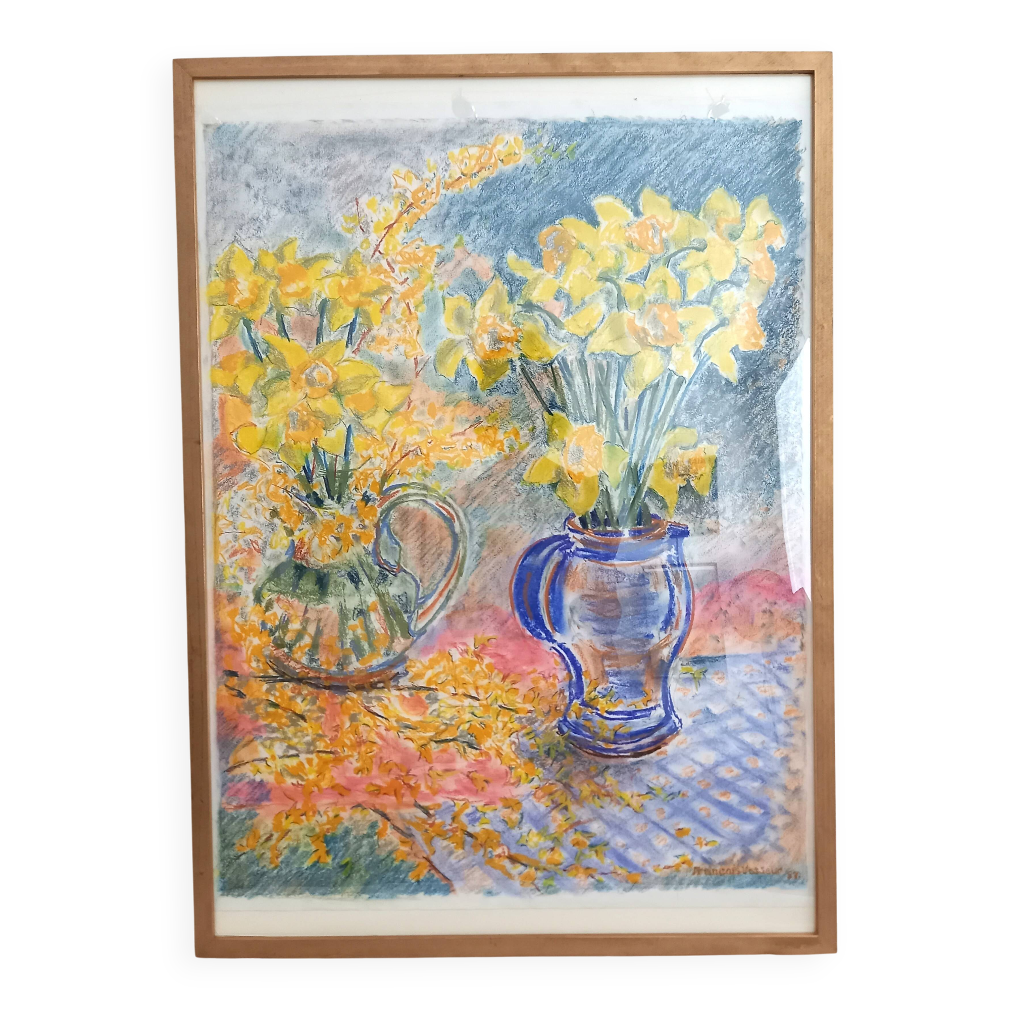 Still life in pastel, bouquet of flowers, spring, daffodils