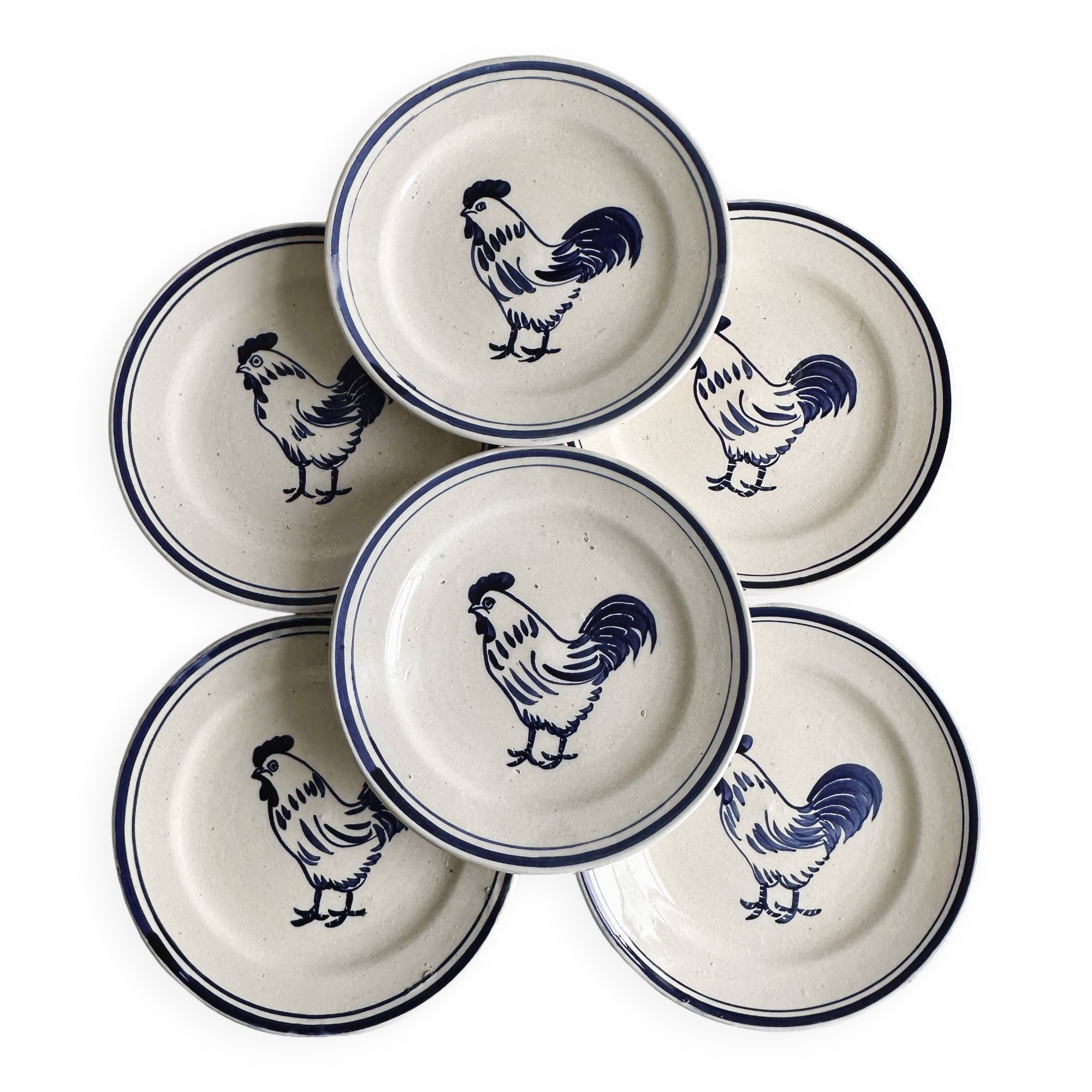 Set of 6 hand painted plates with rooster motif