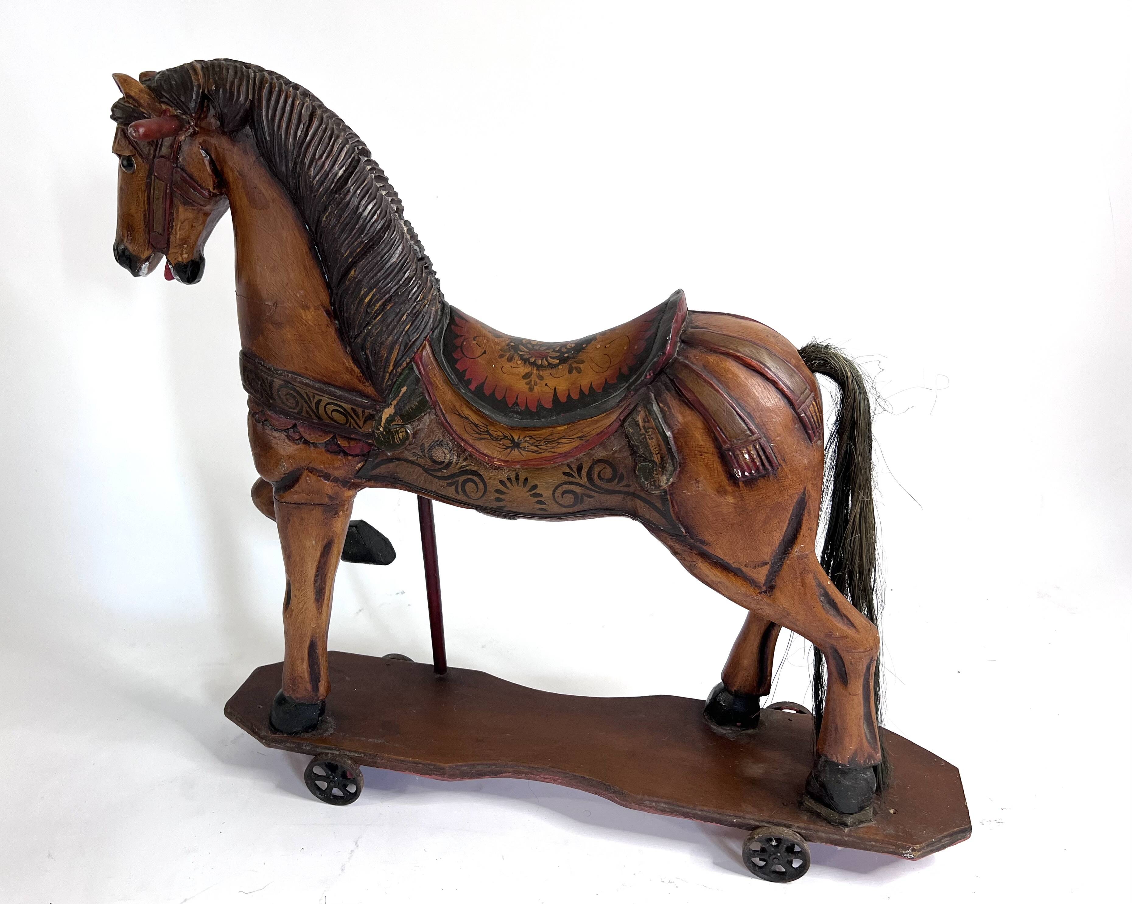 Antique painted wooden rocking horse – Large decorative model on wheels