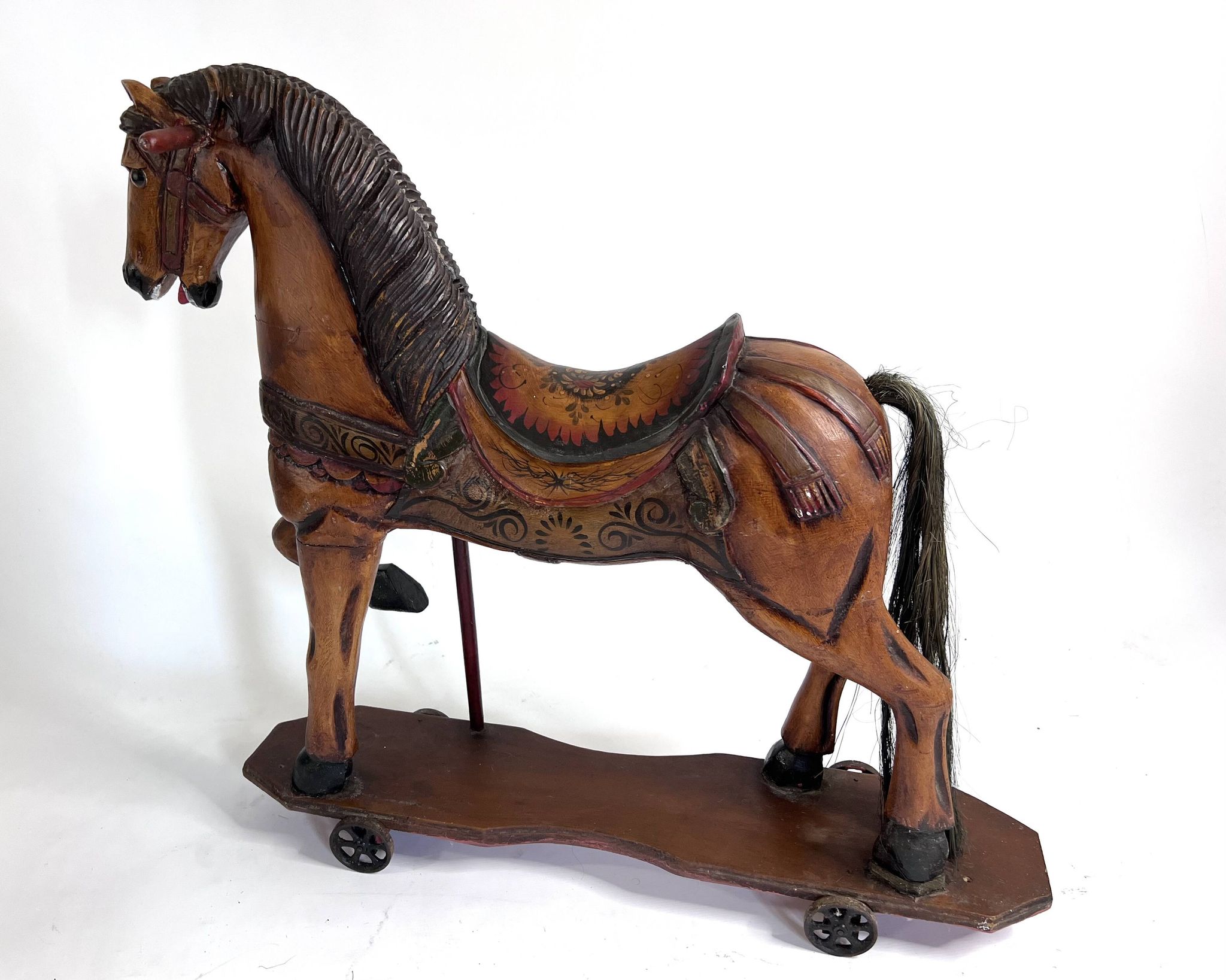 Antique painted wooden rocking horse – Large decorative model on wheels