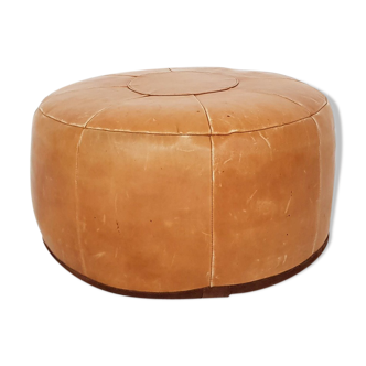 Ottoman en cuir de cognac rond années 1960