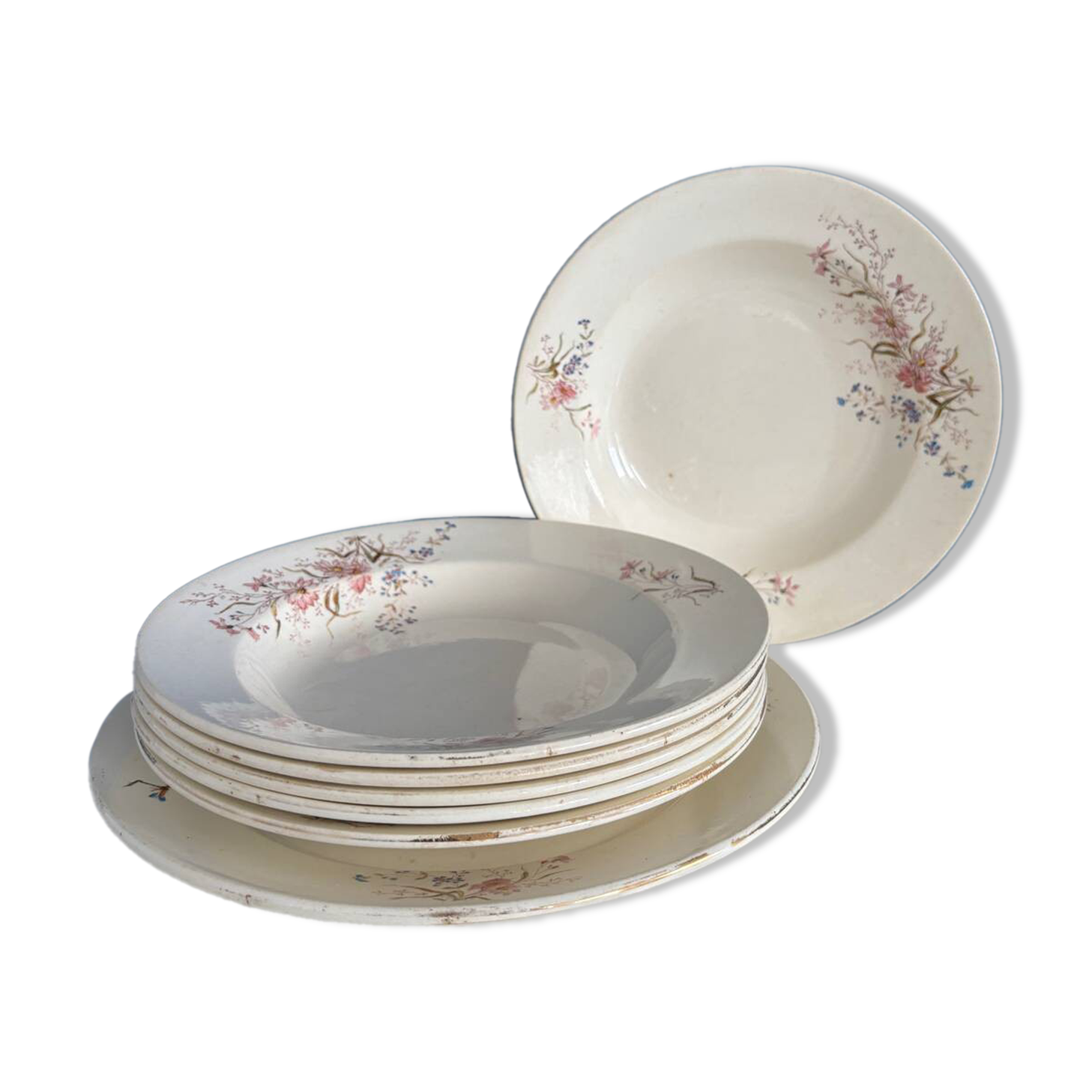 Set of 6 soup plates and 1 dish in polychrome ironstone Choisy-le-Roi