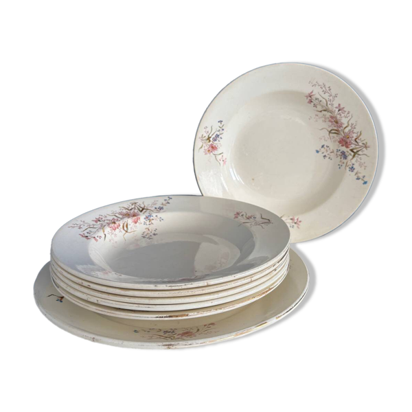 Ensemble de 6 assiettes creuses et 1 plat en terre de fer polychrome Choisy-le-Roi