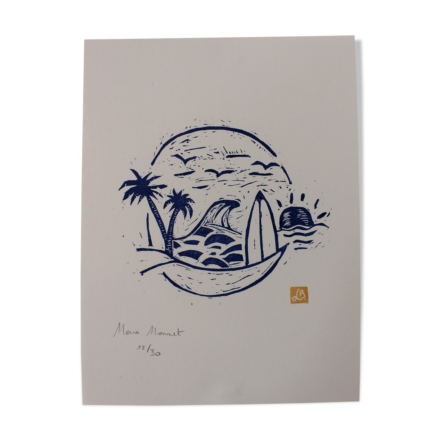 Island vibes blue linocut