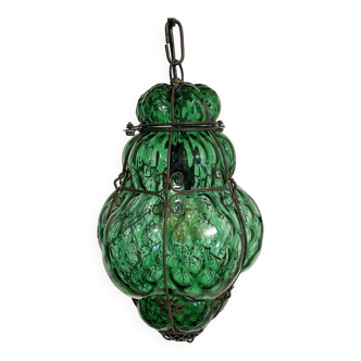 Dark Green Caged Glass Venetian Lantern (13.8 inch/35 cm), Seguso Murano