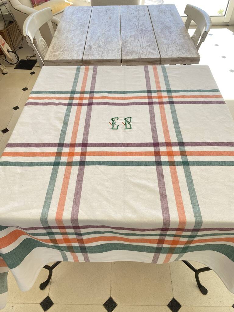 Antique hand-monogrammed tablecloth EB - Cotton - 150x150 cm