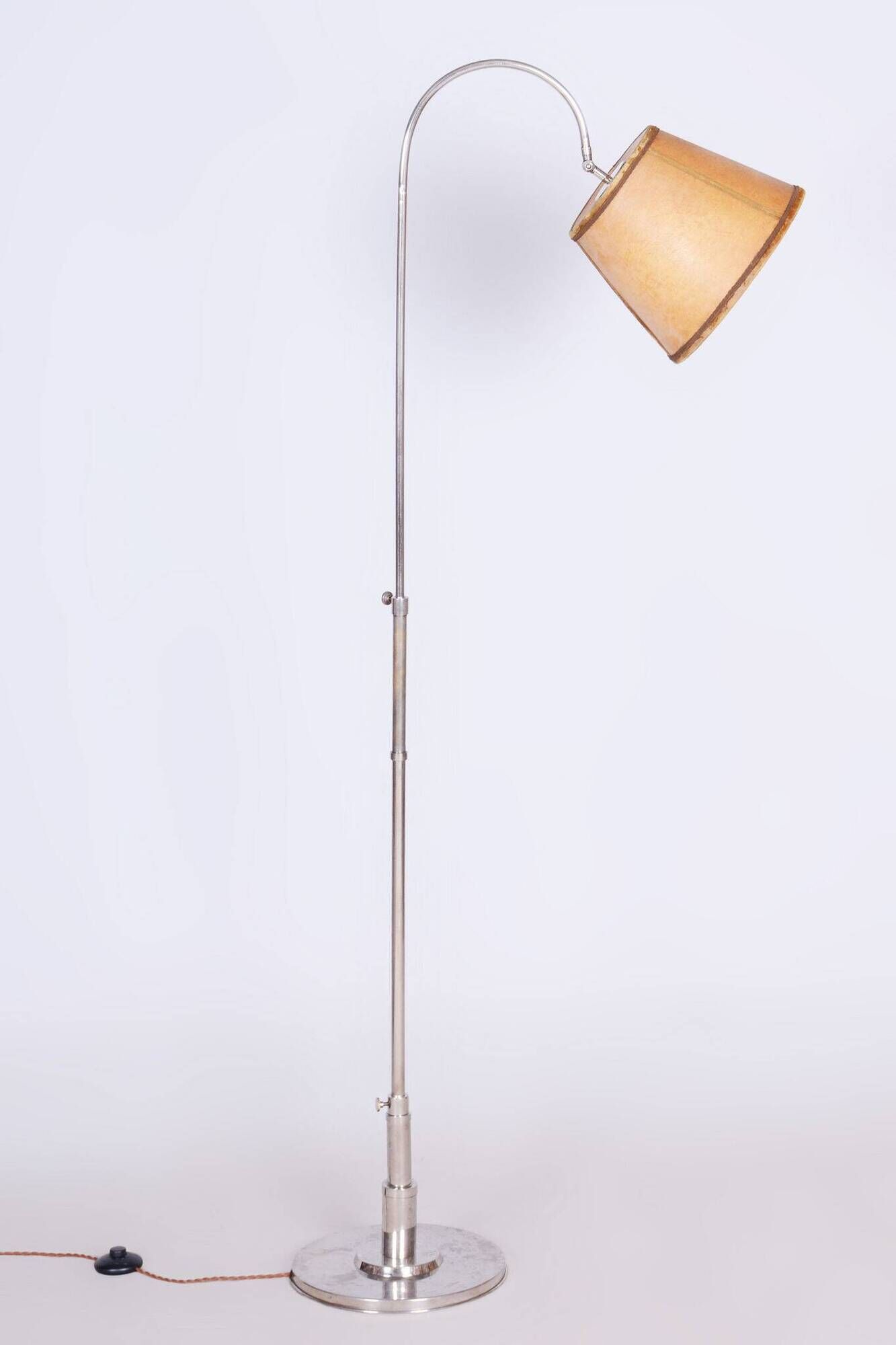 Restored Czech Bauhaus Floor Lamp, Nickel-Plated Steel, Parchment Shade, 1920s