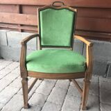 Fauteuil ancien français vert en tissu, cadre bois sculpté, style 1890-1919