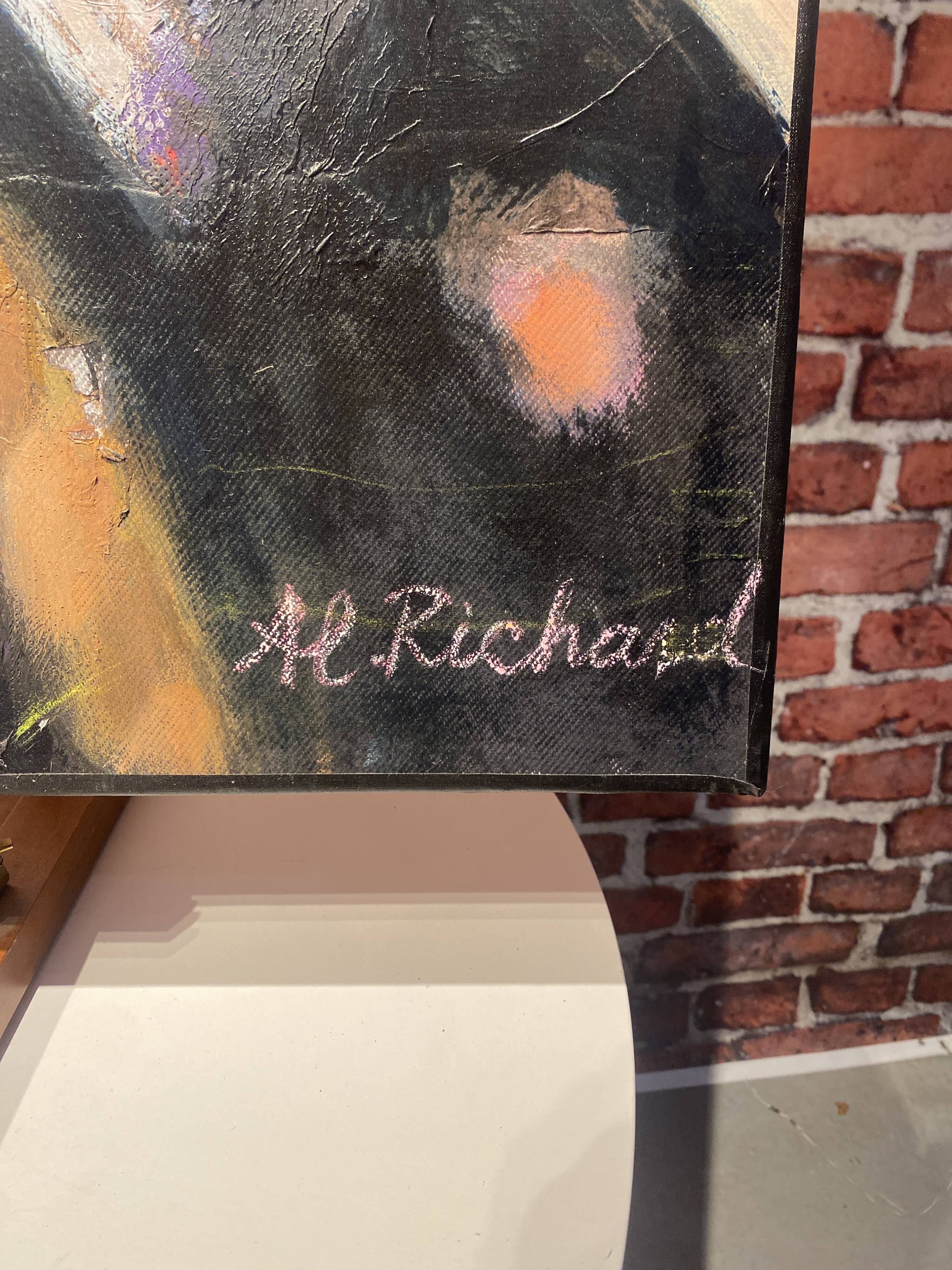 Peinture signée Al Richard portrait d'une femme portant un chat