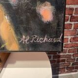 Peinture signée Al Richard portrait d'une femme portant un chat