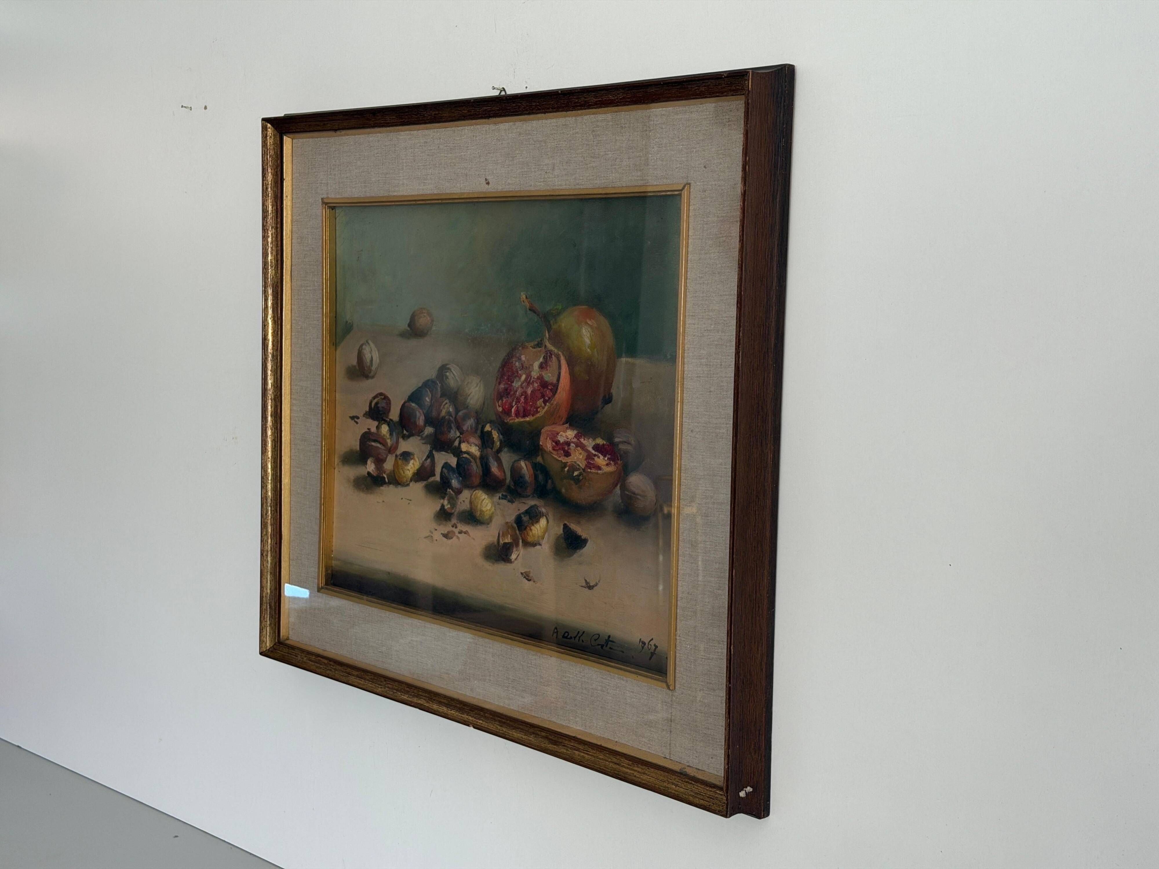 Still life with pomegranates and walnuts Oil painting on canvas signed, 1967, Italy