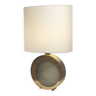 Large brass lamp with fabric shade, 1970