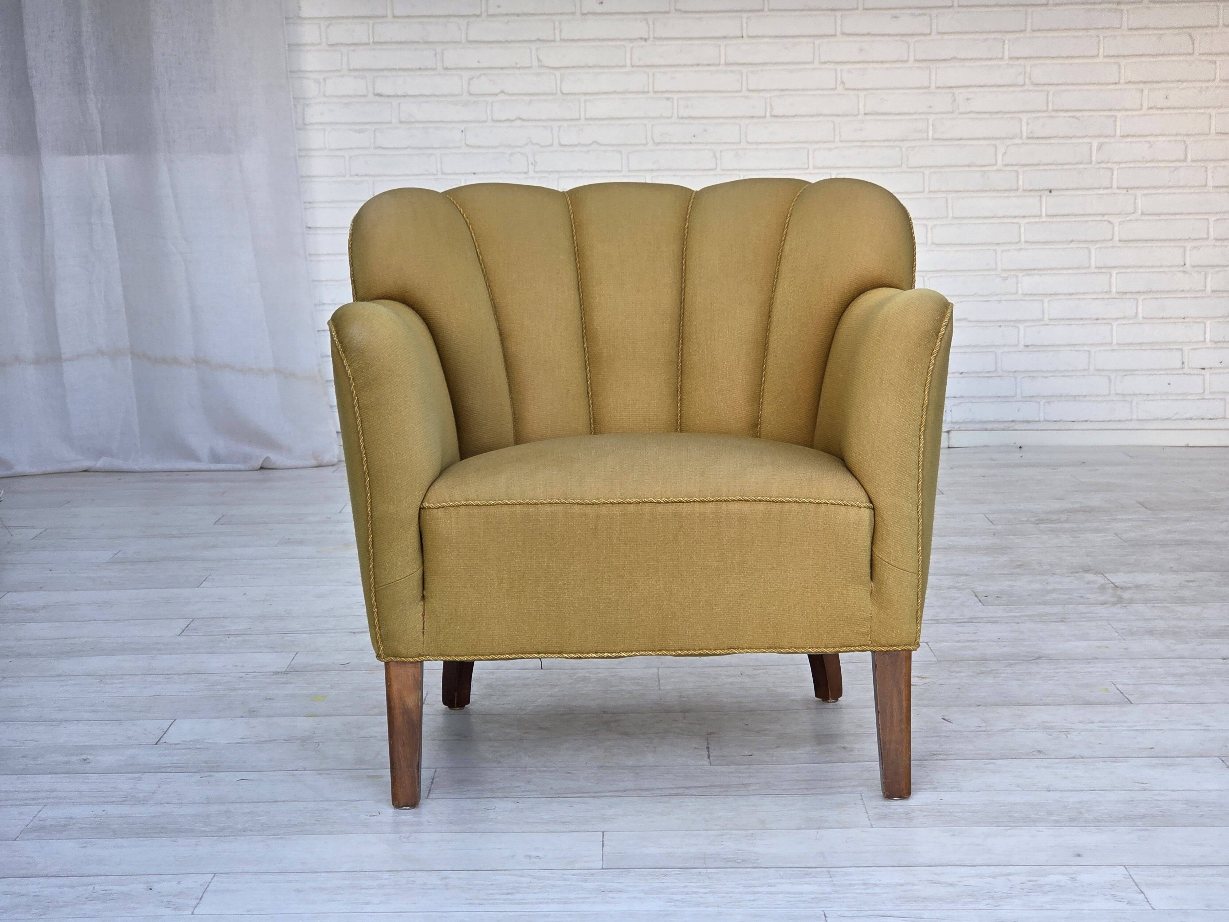 1960s, pair of Danish armchairs, green furniture wool, ash wood legs.