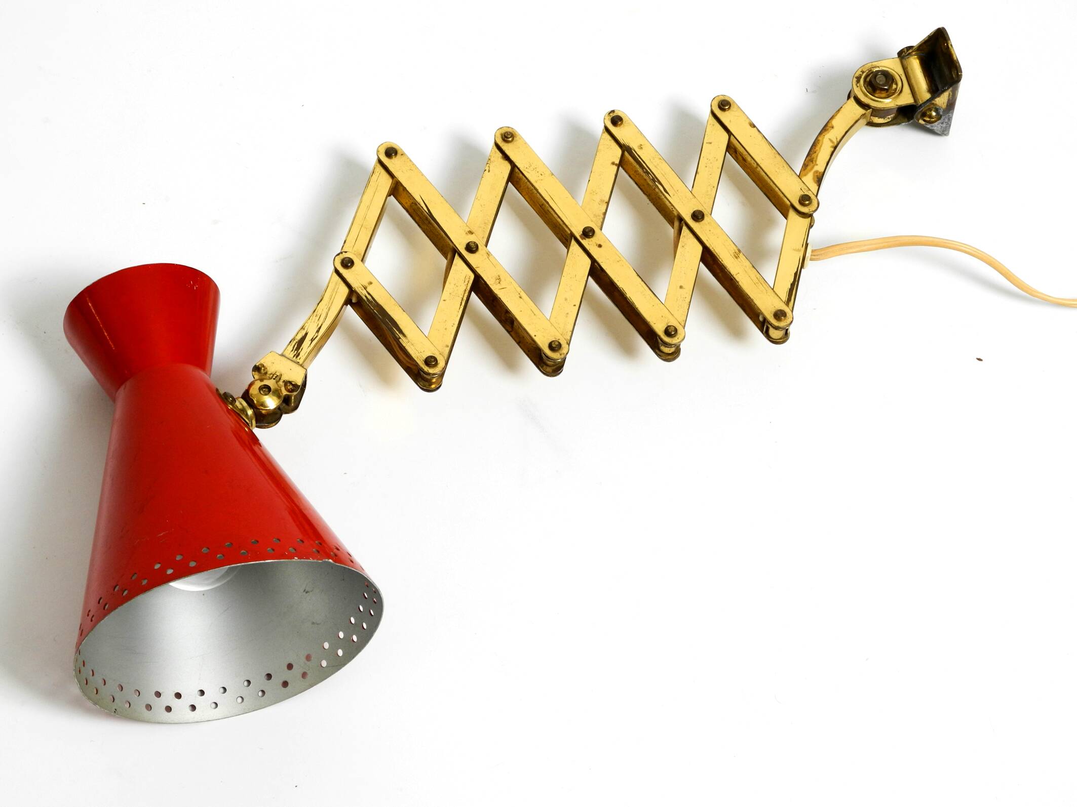 1950s brass extendable scissor wall lamp with aluminum diabolo shade in red