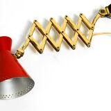 1950s brass extendable scissor wall lamp with aluminum diabolo shade in red