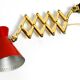 1950s brass extendable scissor wall lamp with aluminum diabolo shade in red