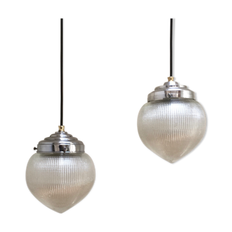 Pair of Holophane drop suspensions model in ribbed glass circa 1940