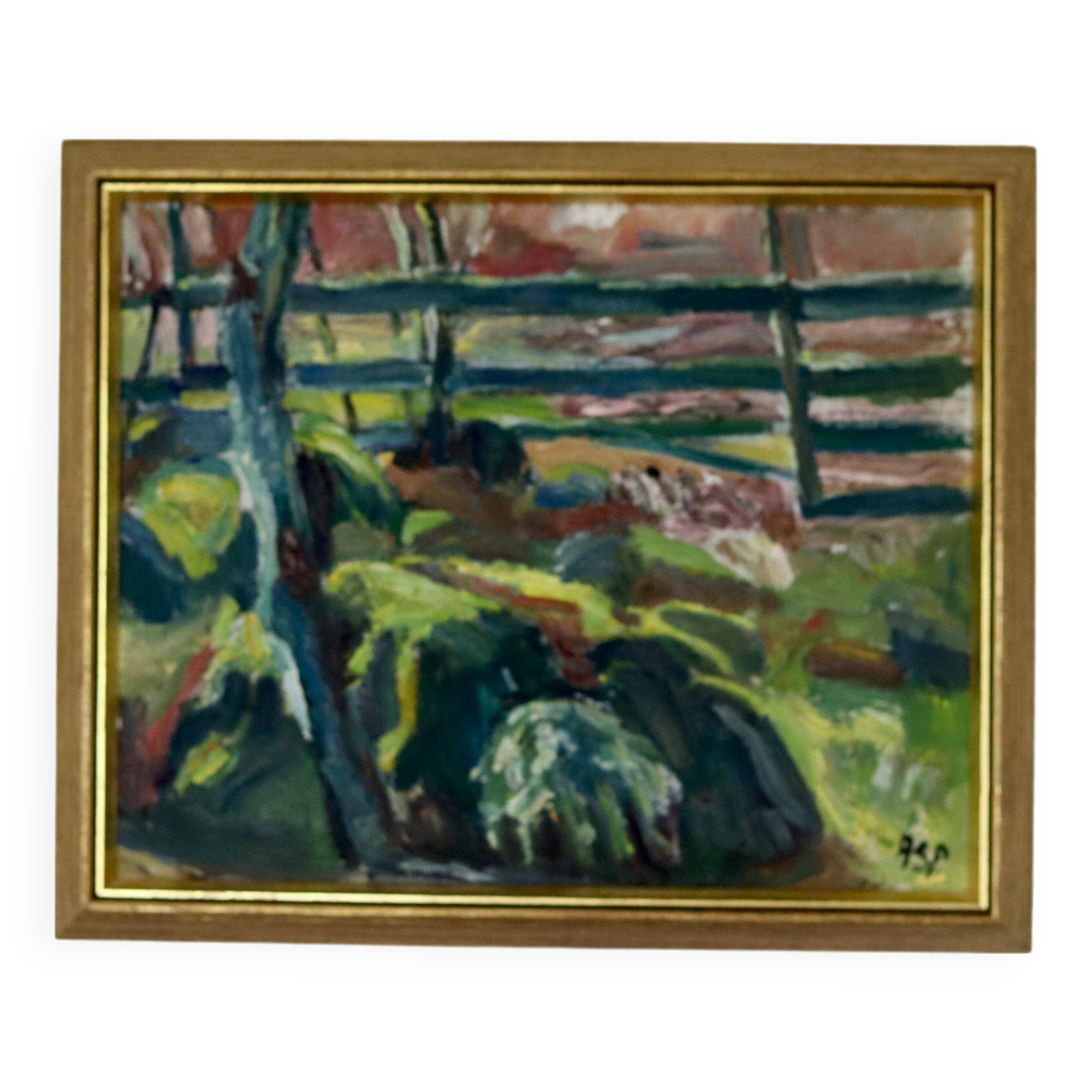 Original Swedish Mid-Century Oil on Canvas "By The Fence" by Gösta Asp (1907–1987)  - Vintage