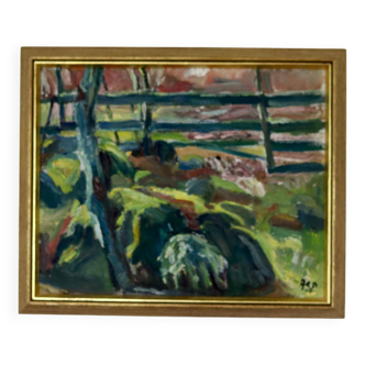 Huile sur toile originale suédoise du milieu du siècle « By The Fence » de Gösta Asp (1907–1987) - Vintage